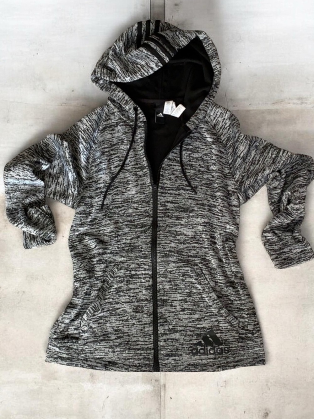 adidas Full-Zip Hoodie Jacket Pockets Knit Marbled Black Grey EUC